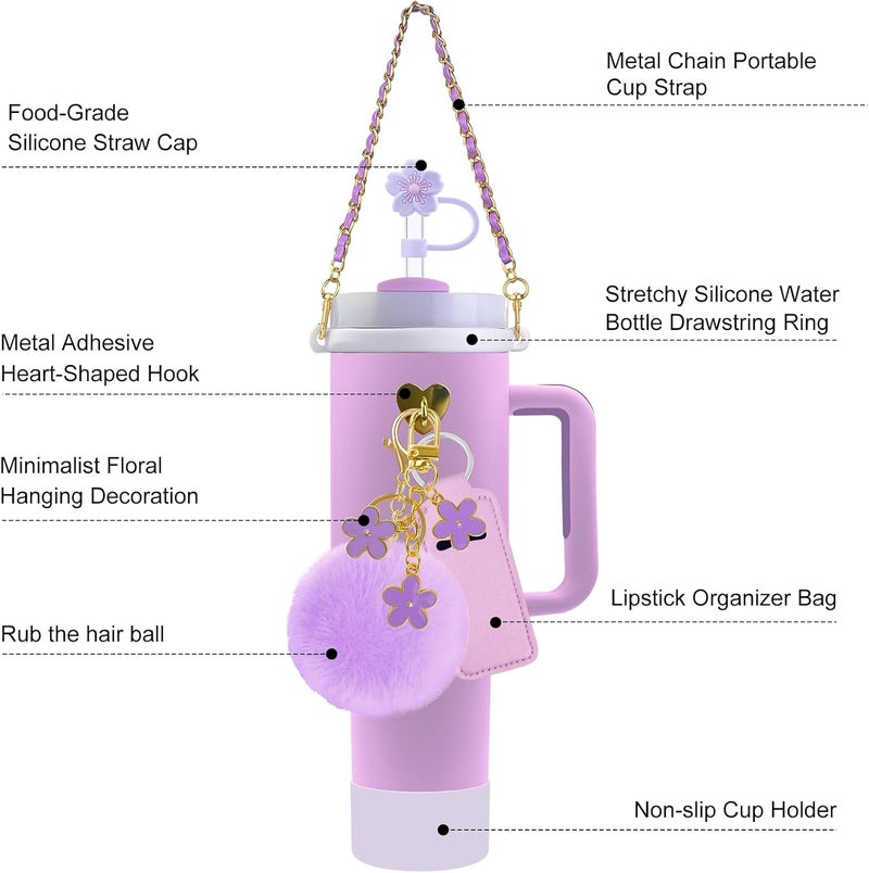 Velaco 11 PCS Accessories for Stanley Cup, Water Bottle Handle Strap for Stanley 30/40 oz tumbler with handle, including Straw Toppers, Silicone Cup Boot, Keychain Charms - Purple - Image 5